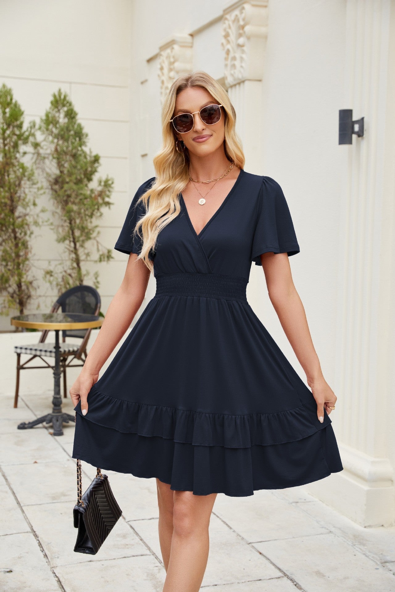 Damen Wickelkleid mit feinem Rüschensaum und elastischem Bund Fudus