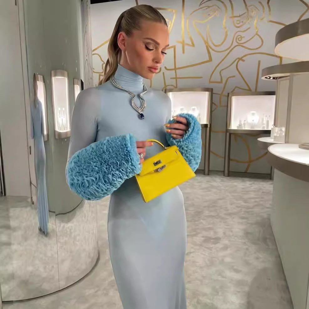 Damen Langarm Maxikleid mit hohem Kragen und figurbetontem Schnitt Fudus