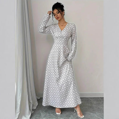 Damen elegantes Maxikleid mit tiefem V-Ausschnitt und modischem Muster Fudus