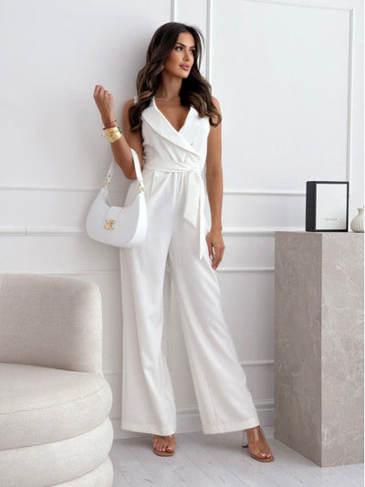 Damen eleganter Jumpsuit mit Wickeldesign und weitem Bein Fudus