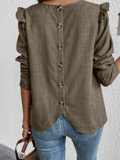 Damen Blusenshirt mit dekorativen Rüschendetails und Knopfleiste Fudus