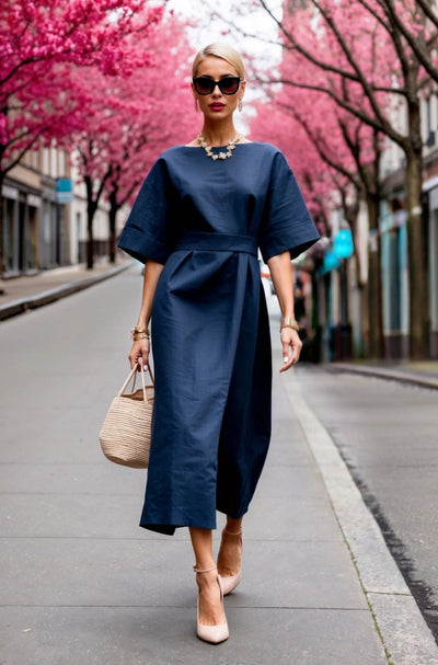 Damen Midi-Kleid mit weit geschnittenen Ärmeln und taillierter Silhouette Fudus