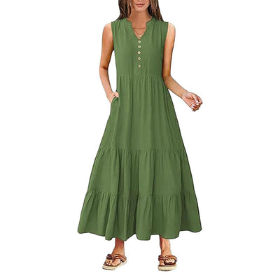 Damen Maxi-Kleid mit knielangen Ärmeln und modischen Knopfdetails Fudus