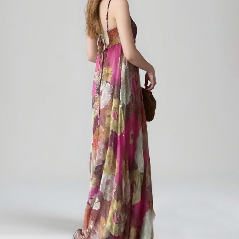 Damen Maxi-Kleid mit strapazierfähigem, floralem Stoff und tiefem Rückenausschnitt Fudus