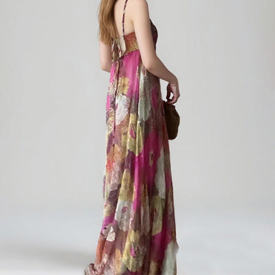 Damen Maxi-Kleid mit strapazierfähigem, floralem Stoff und tiefem Rückenausschnitt Fudus