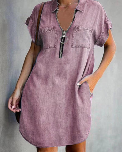 Damen Denim-Kleid mit kurzem Arm und Reißverschluss Fudus