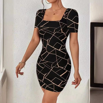 Damen figurbetontes Minikleid mit quadratischem Ausschnitt und geometrischem Design Fudus
