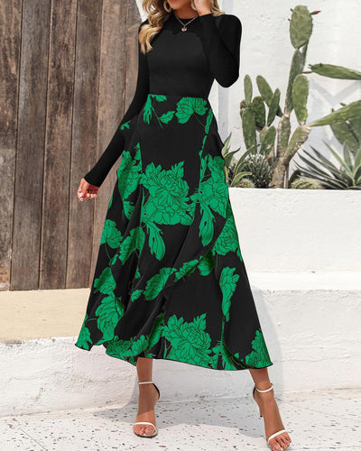 Damen Elegantes Maxikleid mit kontrastierenden Ärmeln und floralem Saum Fudus