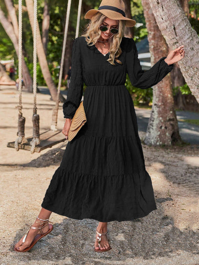 Damen elegantes Maxi-Kleid mit V-Ausschnitt und Volants Fudus