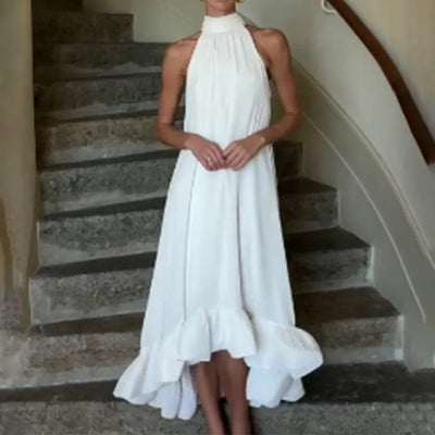 Damen Hippie Maxikleid mit Rüschensaum und hochgeschlossenem Kragen Fudus