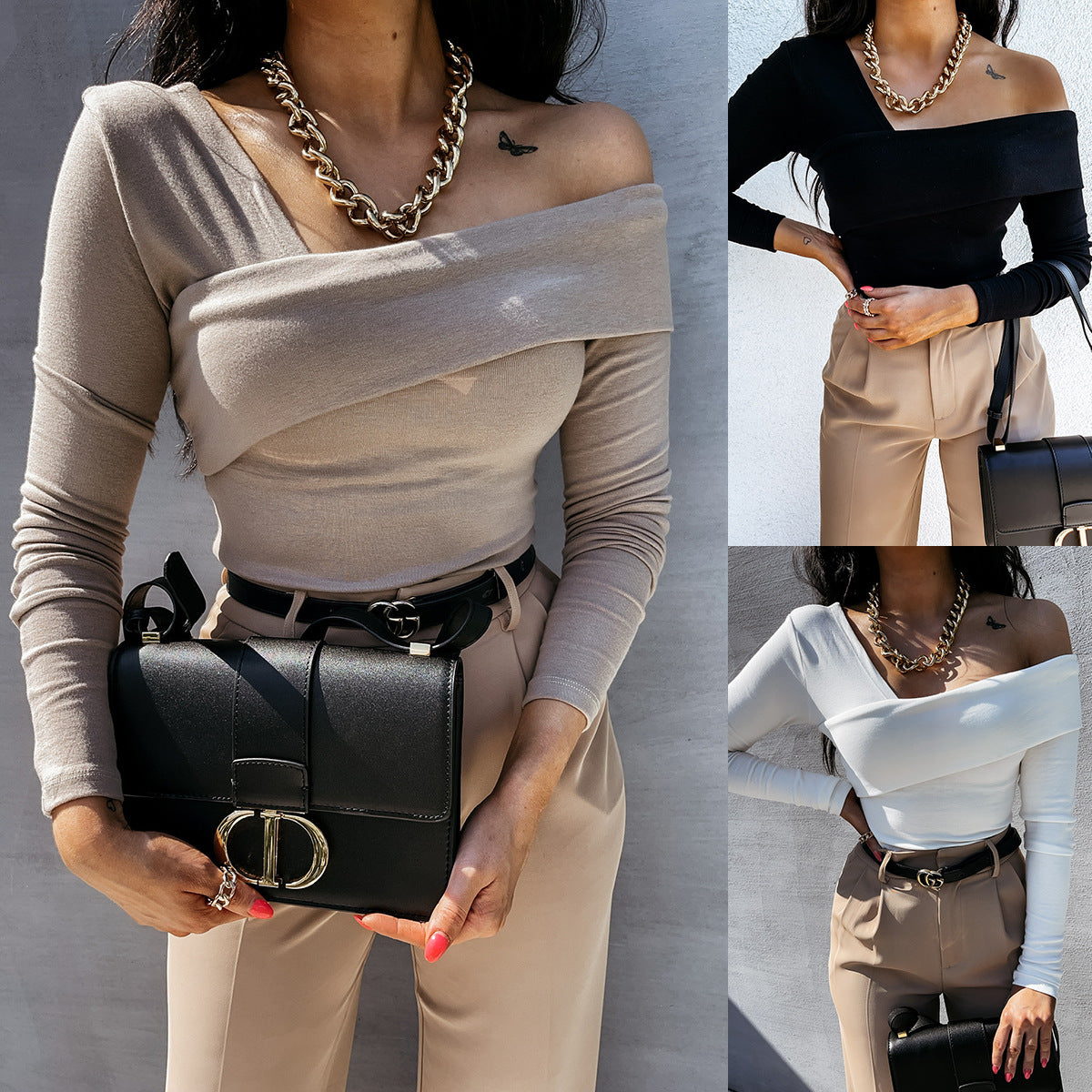 Damen Off-Shoulder Oberteil mit eleganter Wickeloptik Fudus