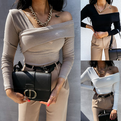 Damen Off-Shoulder Oberteil mit eleganter Wickeloptik Fudus