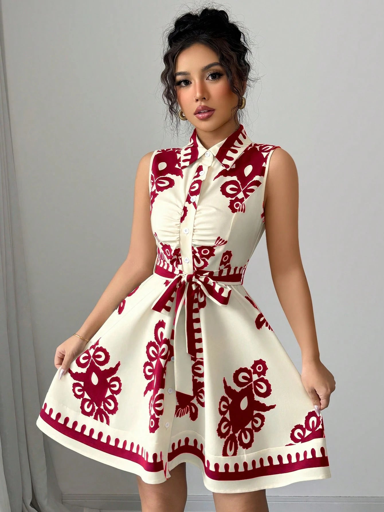 Damen Hemdblusenkleid mit grafischem Muster und Taillengürtel Fudus