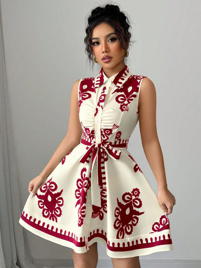 Damen Hemdblusenkleid mit grafischem Muster und Taillengürtel Fudus