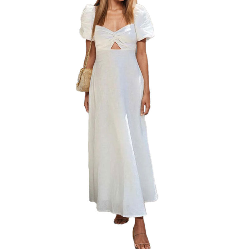 Damen Maxikleid mit gerafften Puffärmeln und schickem Ausschnitt Fudus