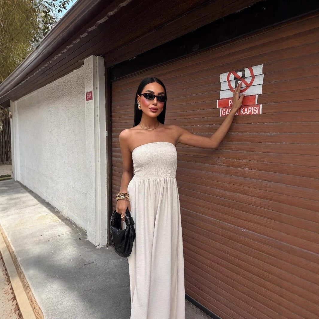 Damen Maxikleid mit elastischem Oberteil und fließendem Rock Fudus