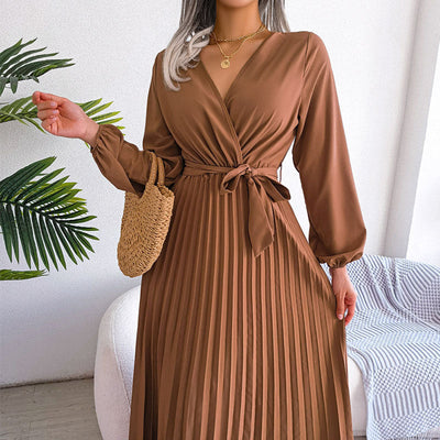 Damen Plissee-Wickelkleid mit eleganter Taillierung und langen Ärmeln Fudus