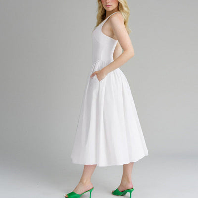 Damen Maxi-Kleid mit tiefem V-Ausschnitt und eleganten Falten Fudus