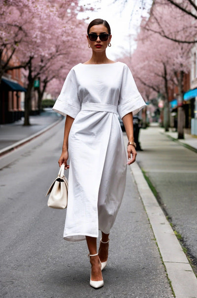 Damen Midi-Kleid mit weit geschnittenen Ärmeln und taillierter Silhouette Fudus