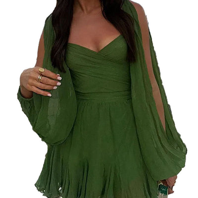 Damen Wickelkleid mit eleganten Ballonärmeln und verspielter Rüschensaumgestaltung Fudus