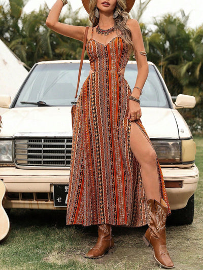 Damen Boho Maxikleid mit ausgeschnittenen Seiten und verstellbaren Trägern Fudus