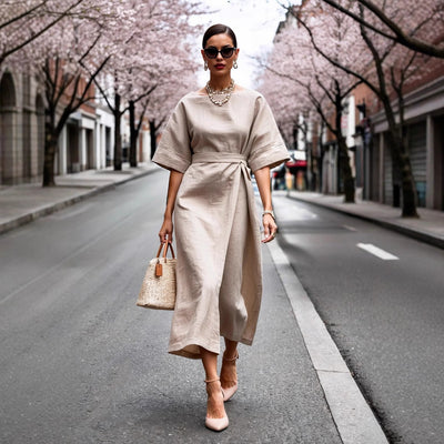 Damen Midi-Kleid mit weit geschnittenen Ärmeln und taillierter Silhouette Fudus