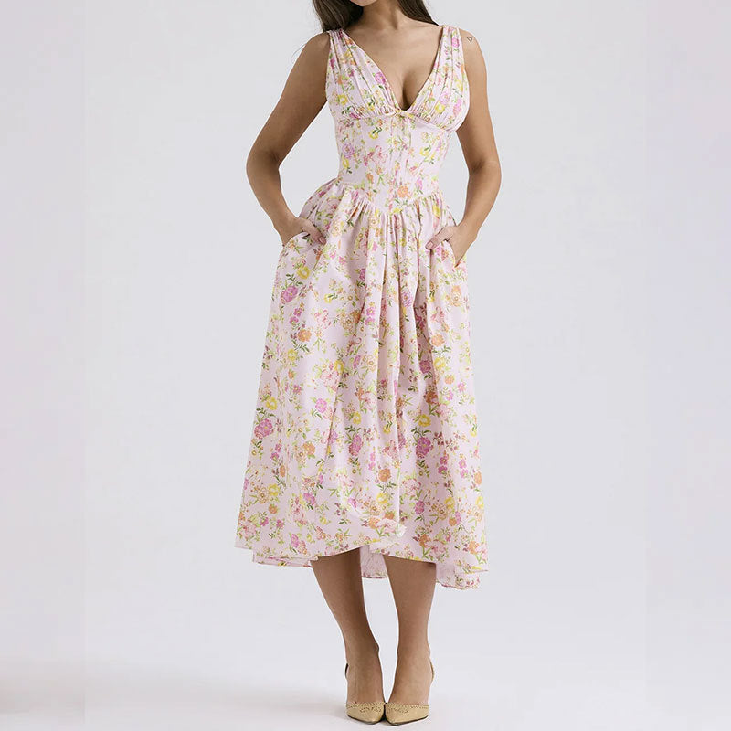 Damen Wickelkleid mit tiefem V-Ausschnitt und schwingendem Rock Fudus