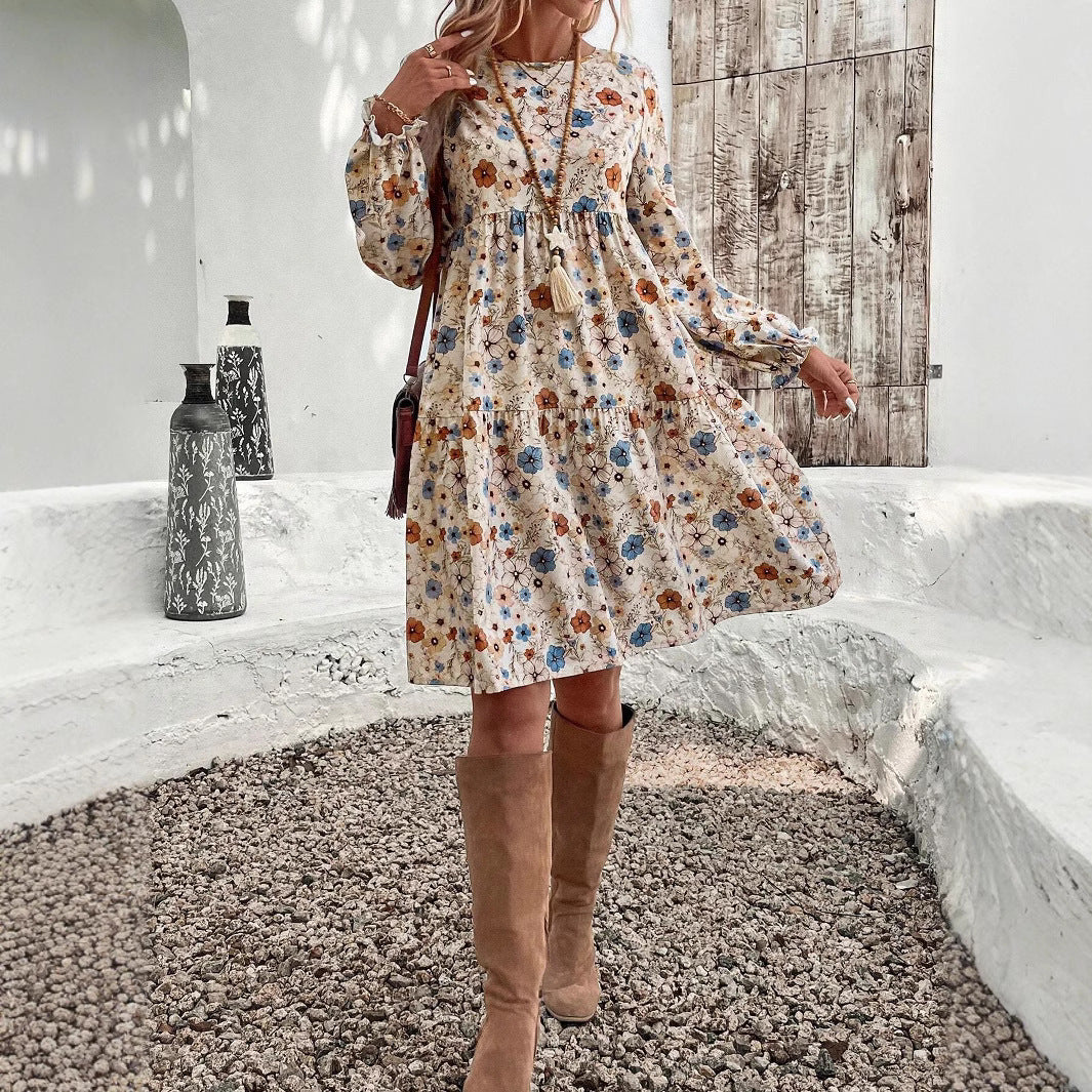 Damen Blumenkleid mit lässigem Schnitt und eleganten Puffärmeln Fudus