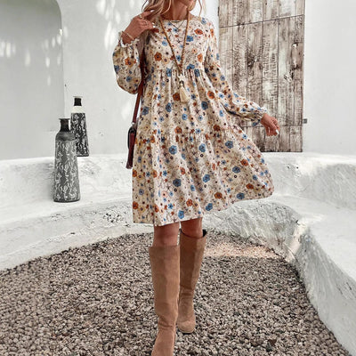 Damen Blumenkleid mit lässigem Schnitt und eleganten Puffärmeln Fudus