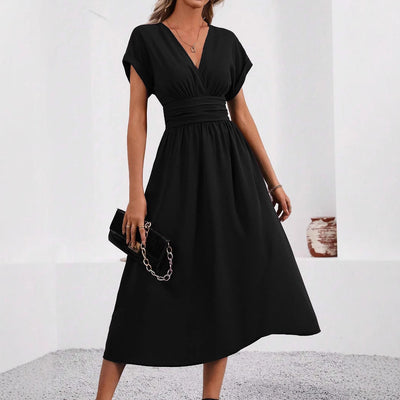 Damen Midi-Kleid mit V-Ausschnitt und breiten Trägern Fudus