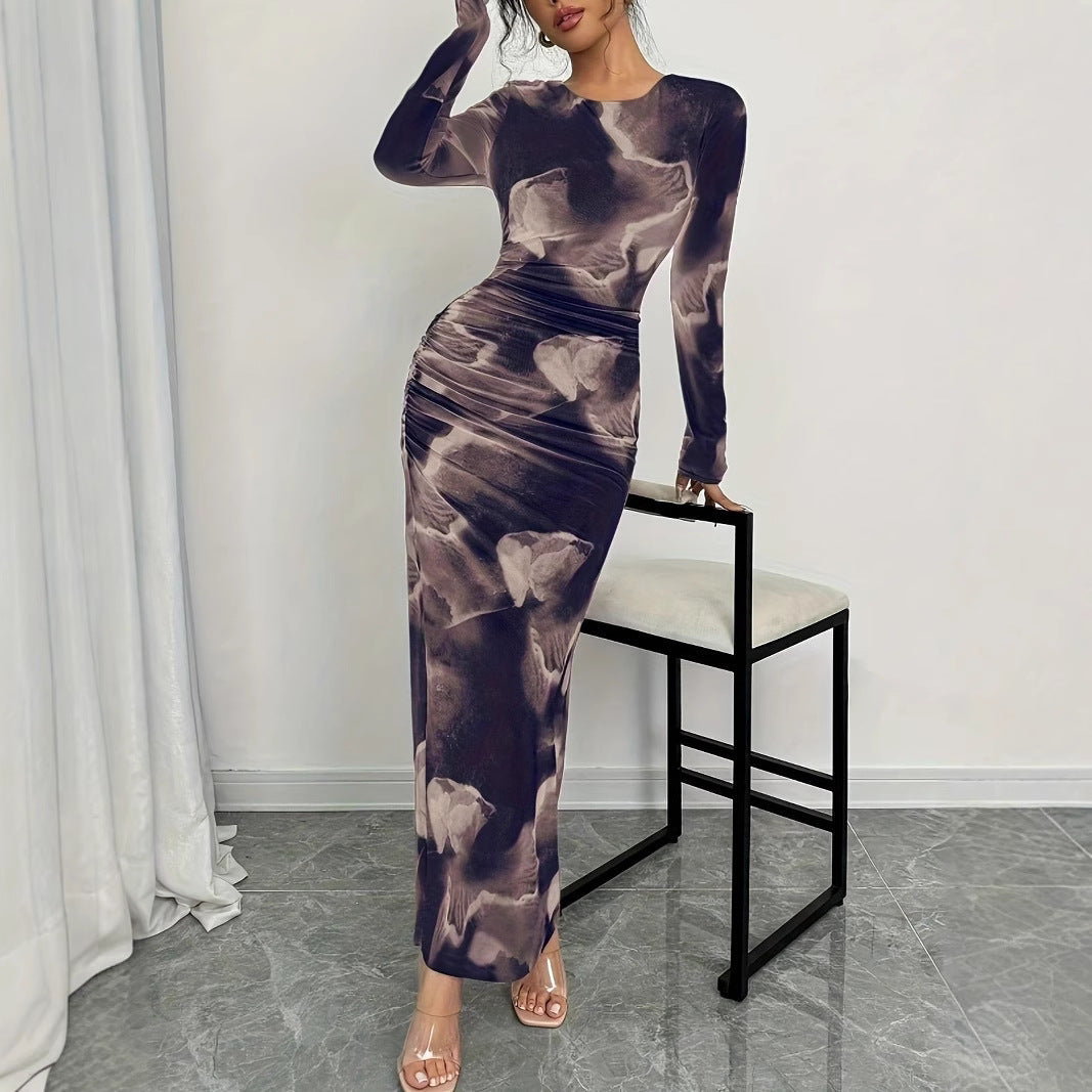 Damen figurbetontes Langarm-Maxikleid mit einzigartigem Mustermix und elegantem Schnitt Fudus