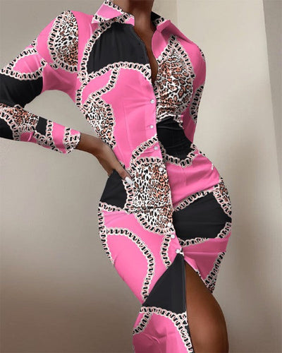 Damen Hemdblusenkleid mit auffälligem Moulage-Muster und schickem Schnitt Fudus