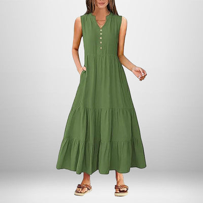 Damen Maxi-Kleid mit knielangen Ärmeln und modischen Knopfdetails Fudus