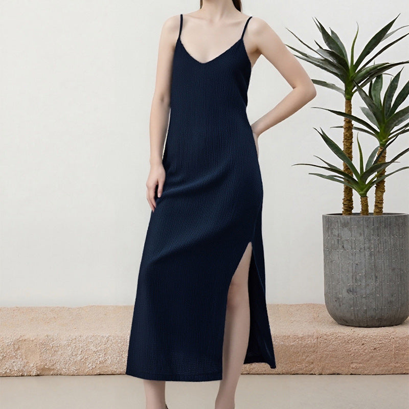 Damen Maxikleid mit schmalen Spaghettiträgern und hohem Schlitz Fudus