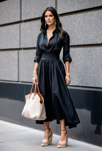 Damen Hemdblusenkleid mit eleganter Taille und fließendem Rock Fudus