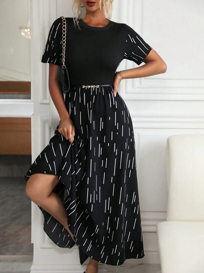 Damen Langarm-Kleid mit Streifenmuster und Taillenakzent Fudus