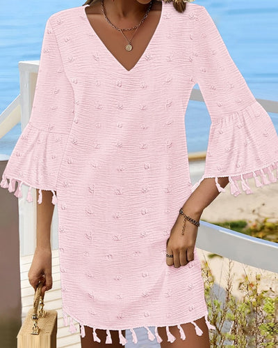 Damen Freizeitkleid mit V-Ausschnitt und ausgestellten Ärmeln Fudus