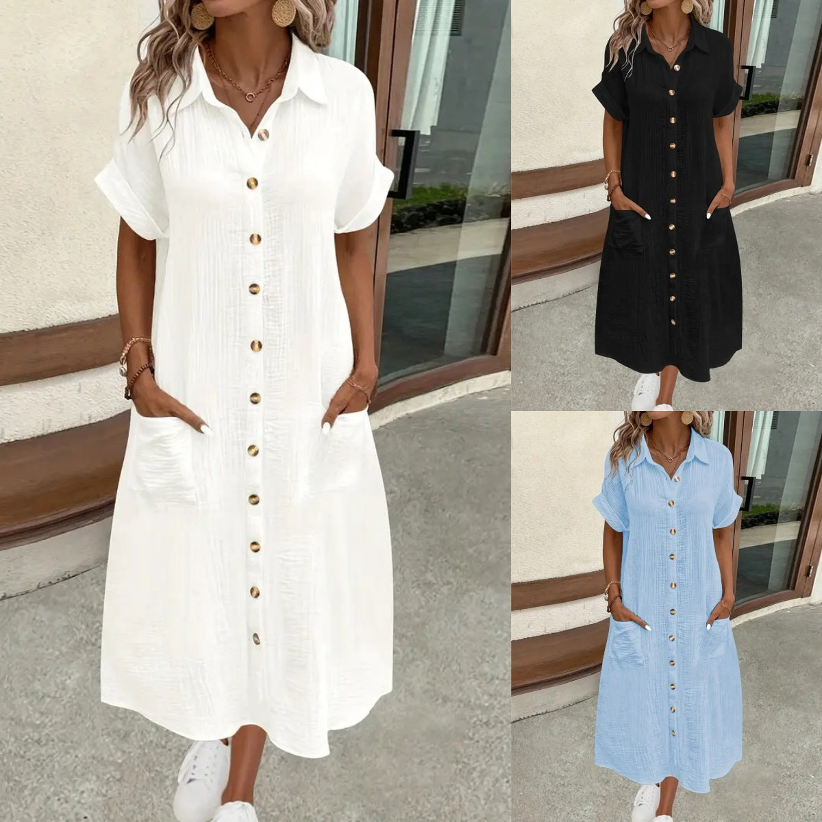 Damen Maxikleid mit Knopfleiste und praktischen Taschen Fudus