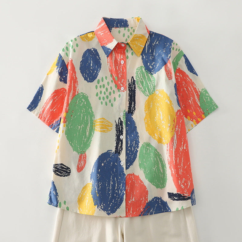 Damen Kurzarm-Hemd mit farbenfrohem Muster und lässiger Passform Fudus