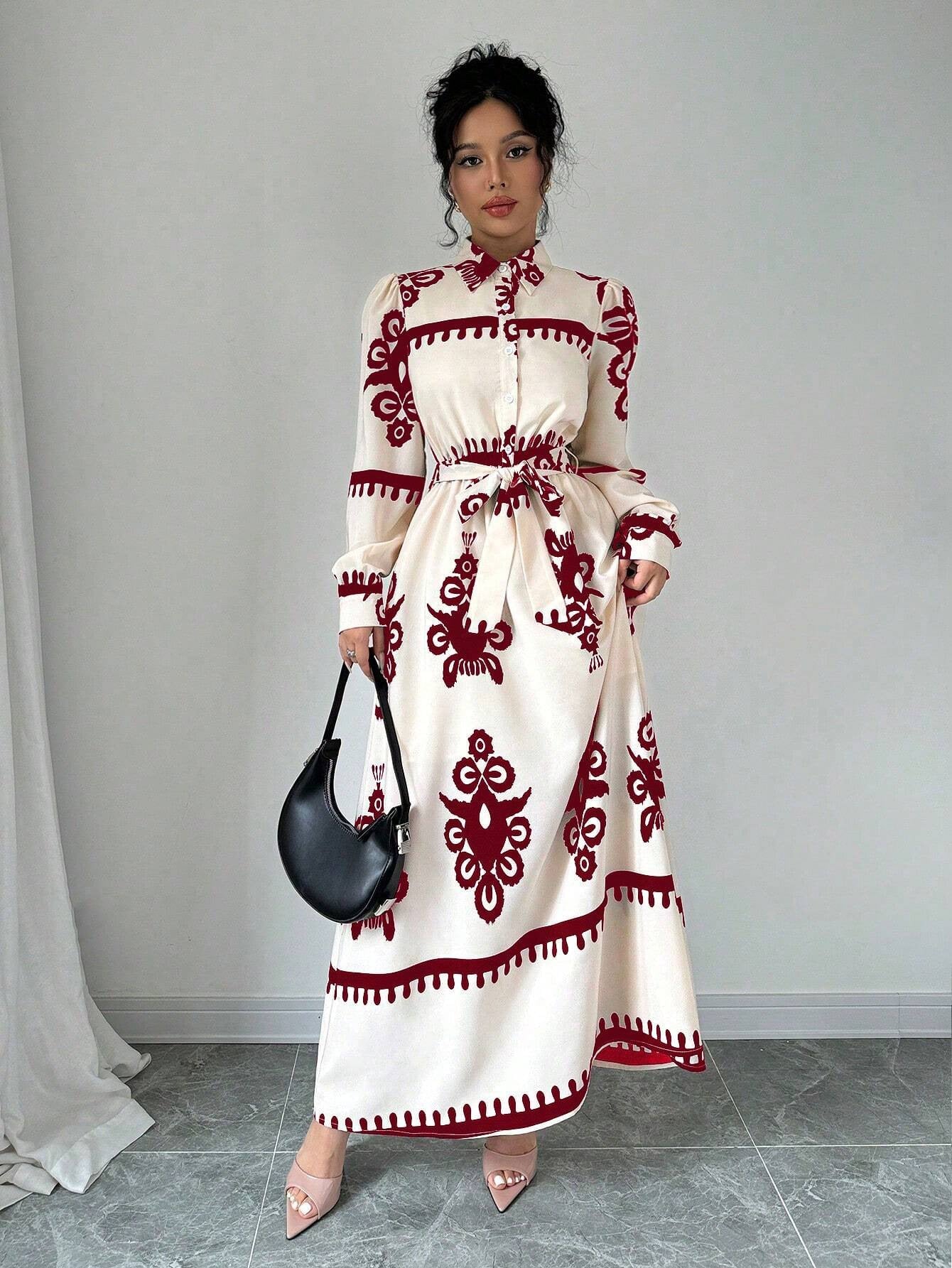 Damen Hemdblusenkleid mit buntem ethnischen Muster und Taillengürtel Fudus