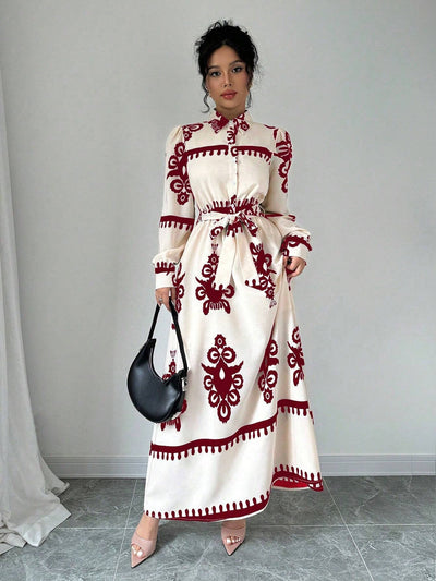 Damen Hemdblusenkleid mit buntem ethnischen Muster und Taillengürtel Fudus