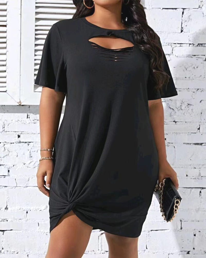 Damen Kurzarm Kleid mit kreativem Cut-Out und Knoten-Detail Fudus