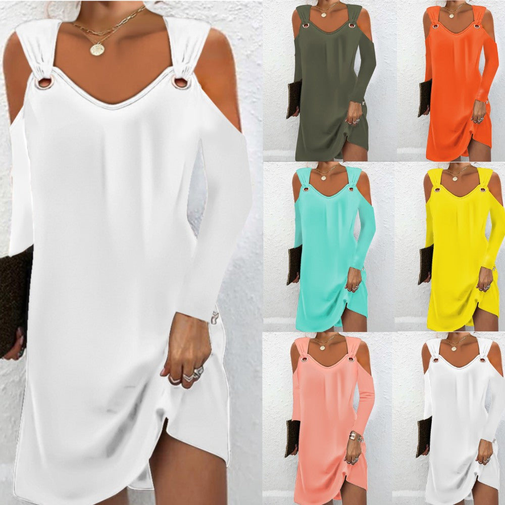 Damen elegantes Kleid mit kaltem Schulterdesign und dekorativen Ringen Fudus