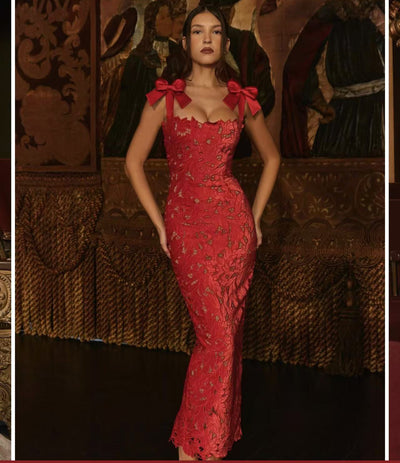 Damen Spitzenentwurf Kleid mit eleganten Schleifen Fudus