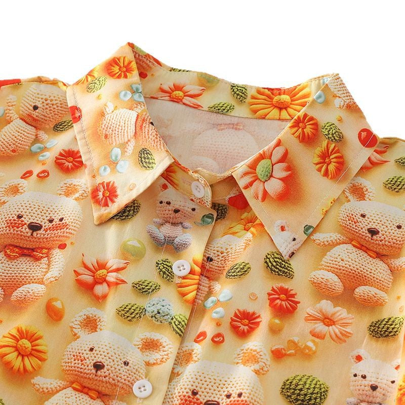 Damen Kurzarmhemd mit verspieltem Tier- und Blumenmuster Fudus