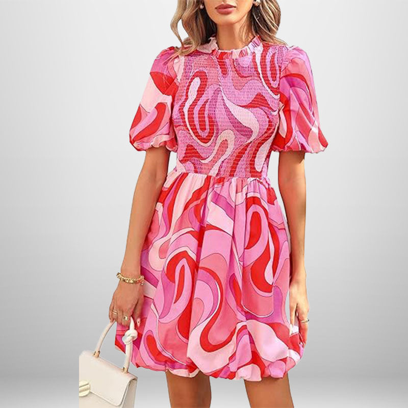 Damen Kurzarm Kleid mit elastischem Oberteil und schwingendem Rock Fudus