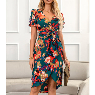 Damen Wickelkleid mit elastischem Bund und verspieltem Blumendesign Fudus