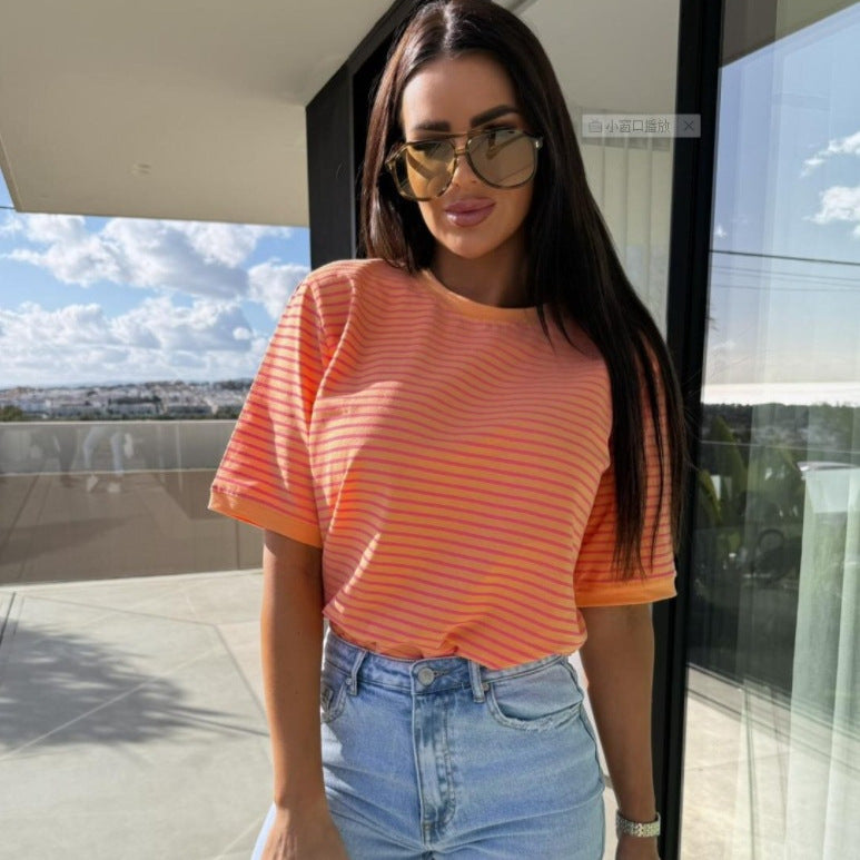 Damen lässiges gestreiftes T-Shirt aus hochwertiger Baumwolle Fudus