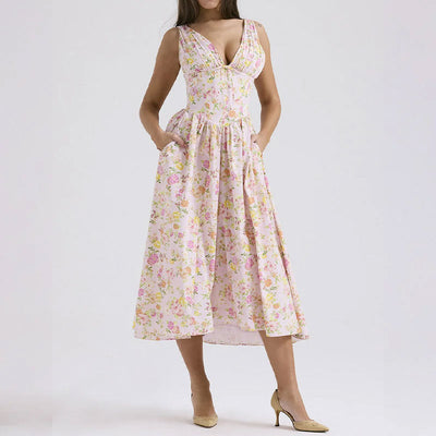 Damen Wickelkleid mit tiefem V-Ausschnitt und schwingendem Rock Fudus