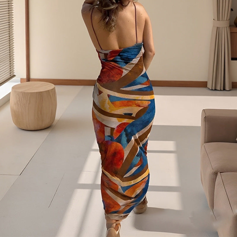 Damen Maxikleid mit kreativem grafischen Design und schlanken Trägern Fudus